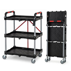 3-Tier Folding Utility Cart with Swivel Wheels and Brakes-Black