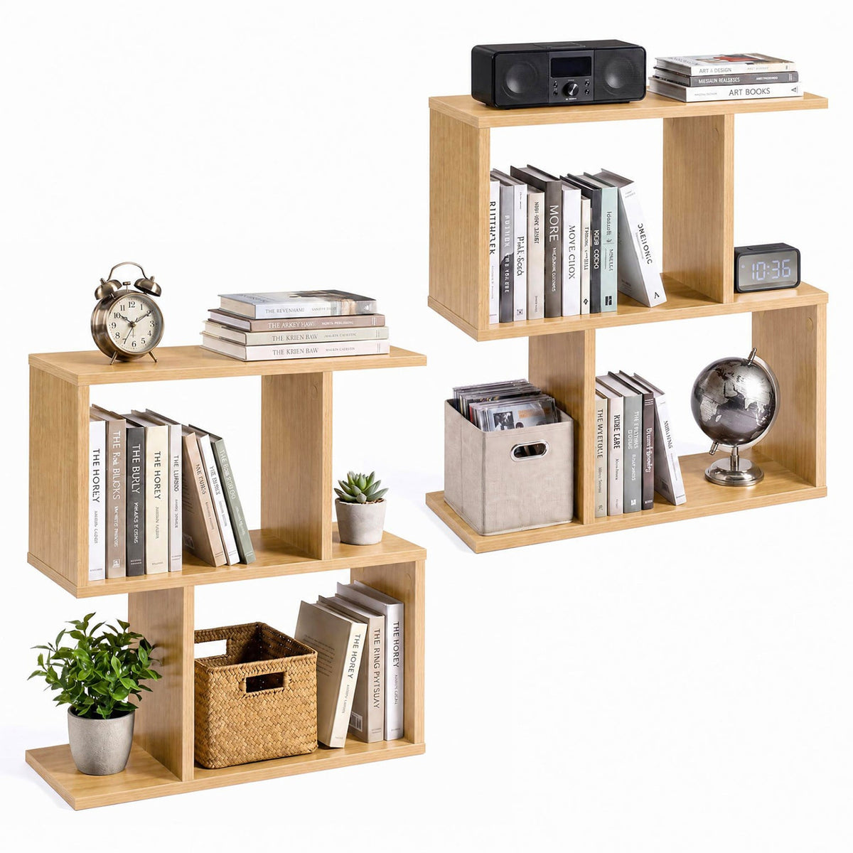 3-Tier Geometric Bookshelf Freestanding Display Shelf Side Table Set of 2-Natural