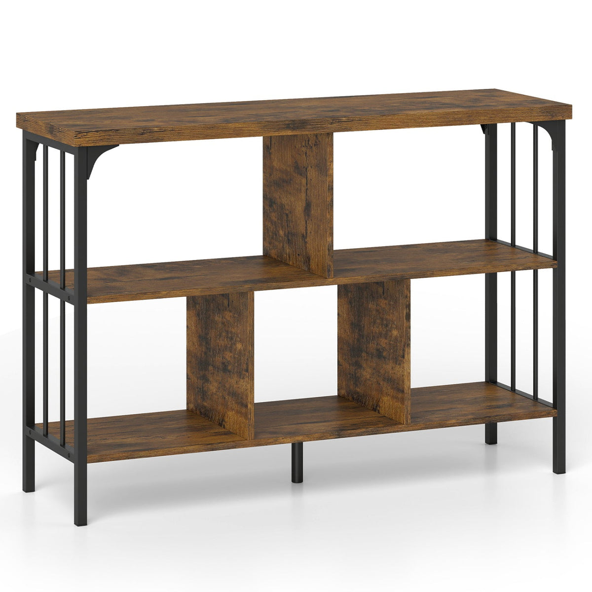 3-Tier Horizontal Cubby Bookshelf with Open Shelves-Rustic Brown