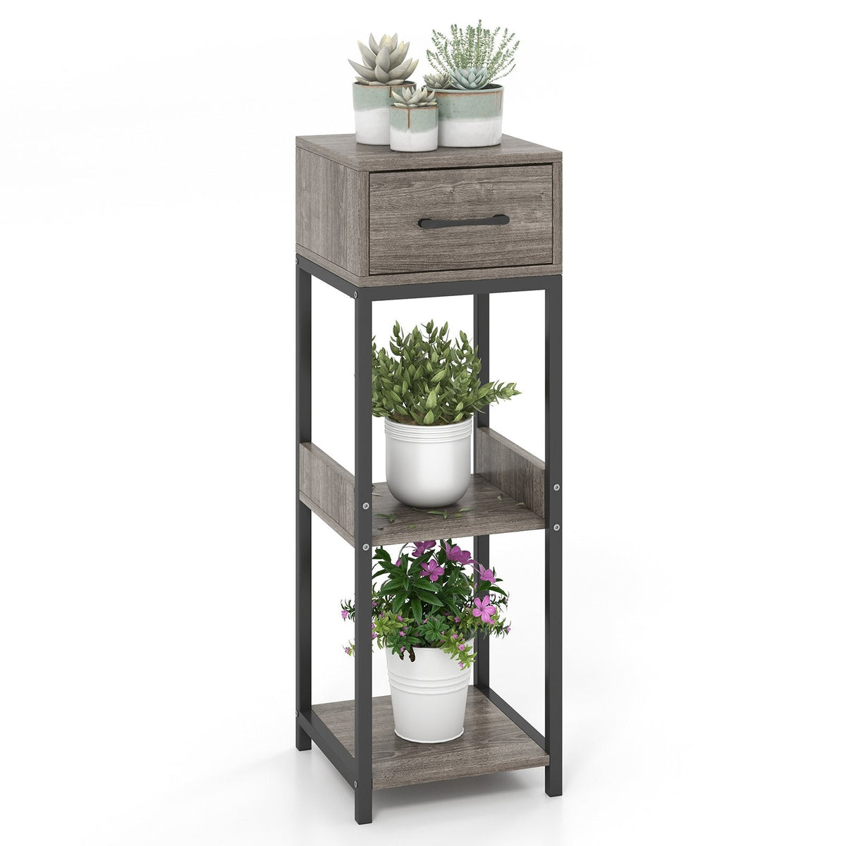3-Tier Tall Plant Stand with Drawer and Anti-Tipping Kit, Grey