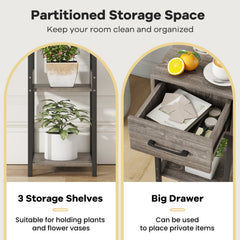 3-Tier Tall Plant Stand with Drawer and Anti-Tipping Kit, Grey