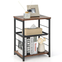 3 Tier Industrial Side Table with Adjustable Mesh Shelf, Rustic Brown