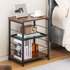 3 Tier Industrial Side Table with Adjustable Mesh Shelf, Rustic Brown