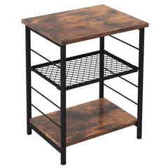 3 Tier Industrial Side Table with Adjustable Mesh Shelf, Rustic Brown