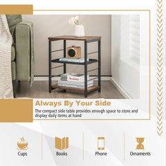 3 Tier Industrial Side Table with Adjustable Mesh Shelf, Rustic Brown