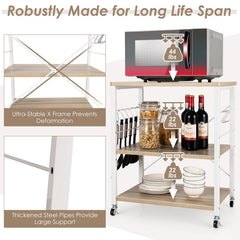 3-Tier Kitchen Baker's Rack Microwave Oven Storage Cart with Hooks-Light Brown