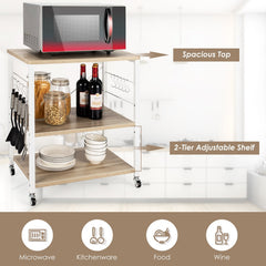 3-Tier Kitchen Baker's Rack Microwave Oven Storage Cart with Hooks-Light Brown