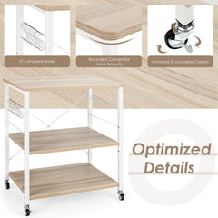 3-Tier Kitchen Baker's Rack Microwave Oven Storage Cart with Hooks-Light Brown