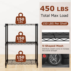 3-Tier Metal Storage Shelving Unit with V-Shaped Wire Rack and, 450 LBS Capacity-Black