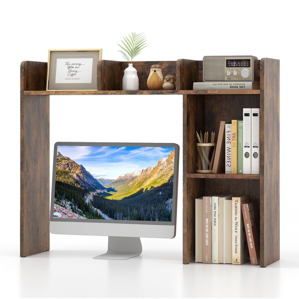 3 Tier Desk Bookshelf in Brown, 29 Inch Monitor Shelf Unit for Screens up to 27 Inches