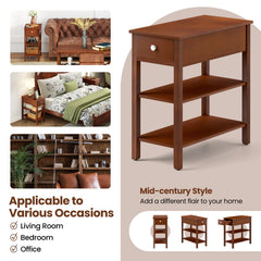 3-Tier Narrow End Table with Drawer and Storage Shelves Set of 2-Brown