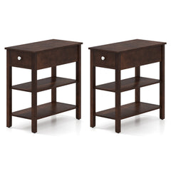 3-Tier Narrow End Table with Drawer and Storage Shelves Set of 2-Walnut