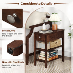 3-Tier Narrow End Table with Drawer and Storage Shelves Set of 2-Walnut