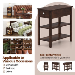 3-Tier Narrow End Table with Drawer and Storage Shelves Set of 2-Walnut