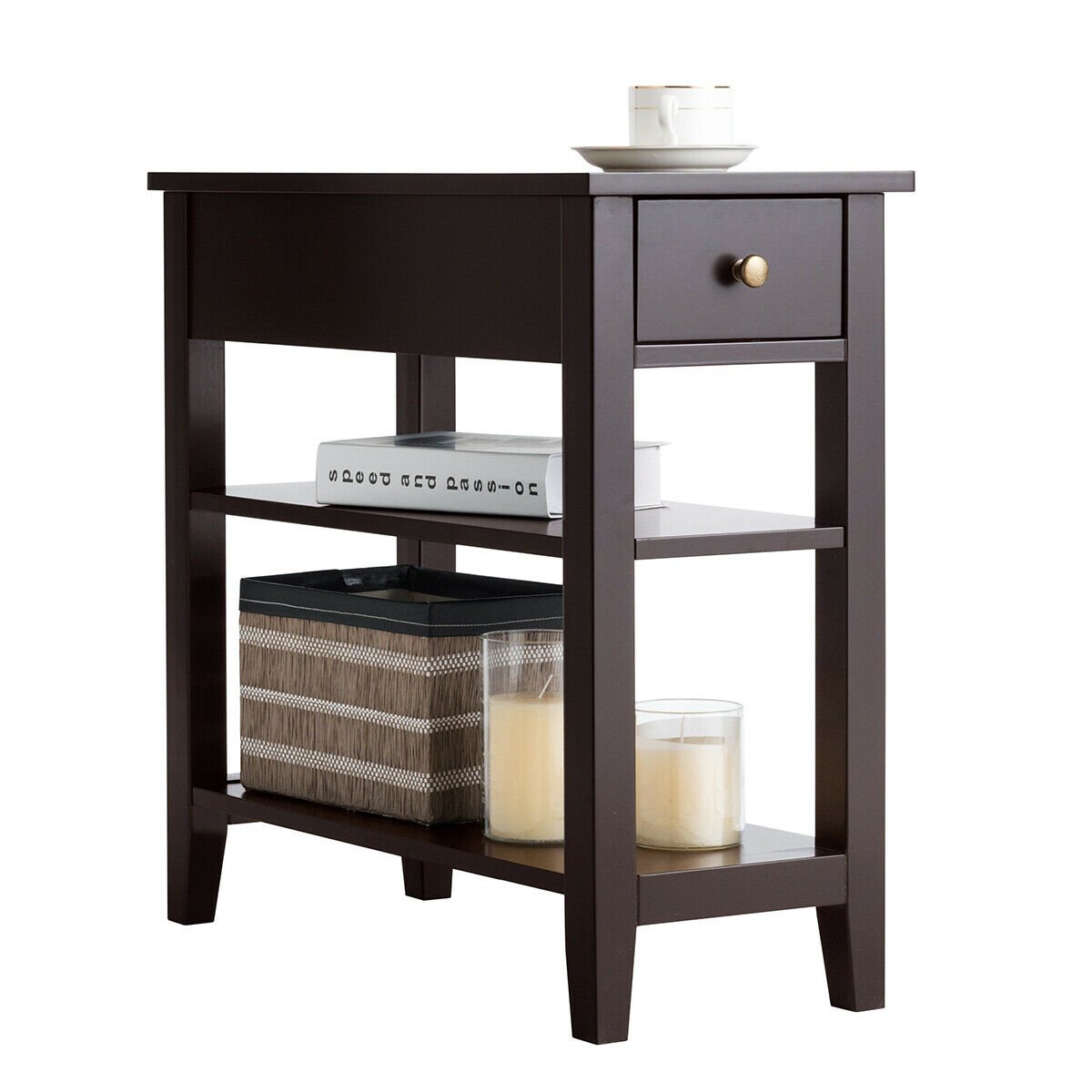 Narrow 3 Tier End Table with Drawer and Two Shelves, Coffee Brown