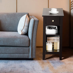 Narrow 3 Tier End Table with Drawer and Two Shelves, Coffee Brown