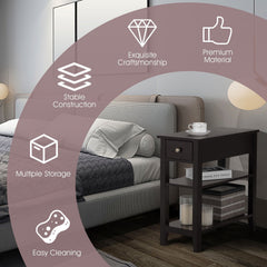 Narrow 3 Tier End Table with Drawer and Two Shelves, Coffee Brown