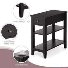 Narrow 3 Tier End Table with Drawer and Two Shelves, Coffee Brown