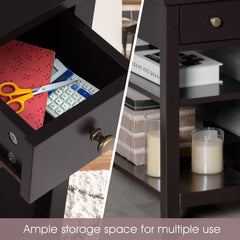 Narrow 3 Tier End Table with Drawer and Two Shelves, Coffee Brown