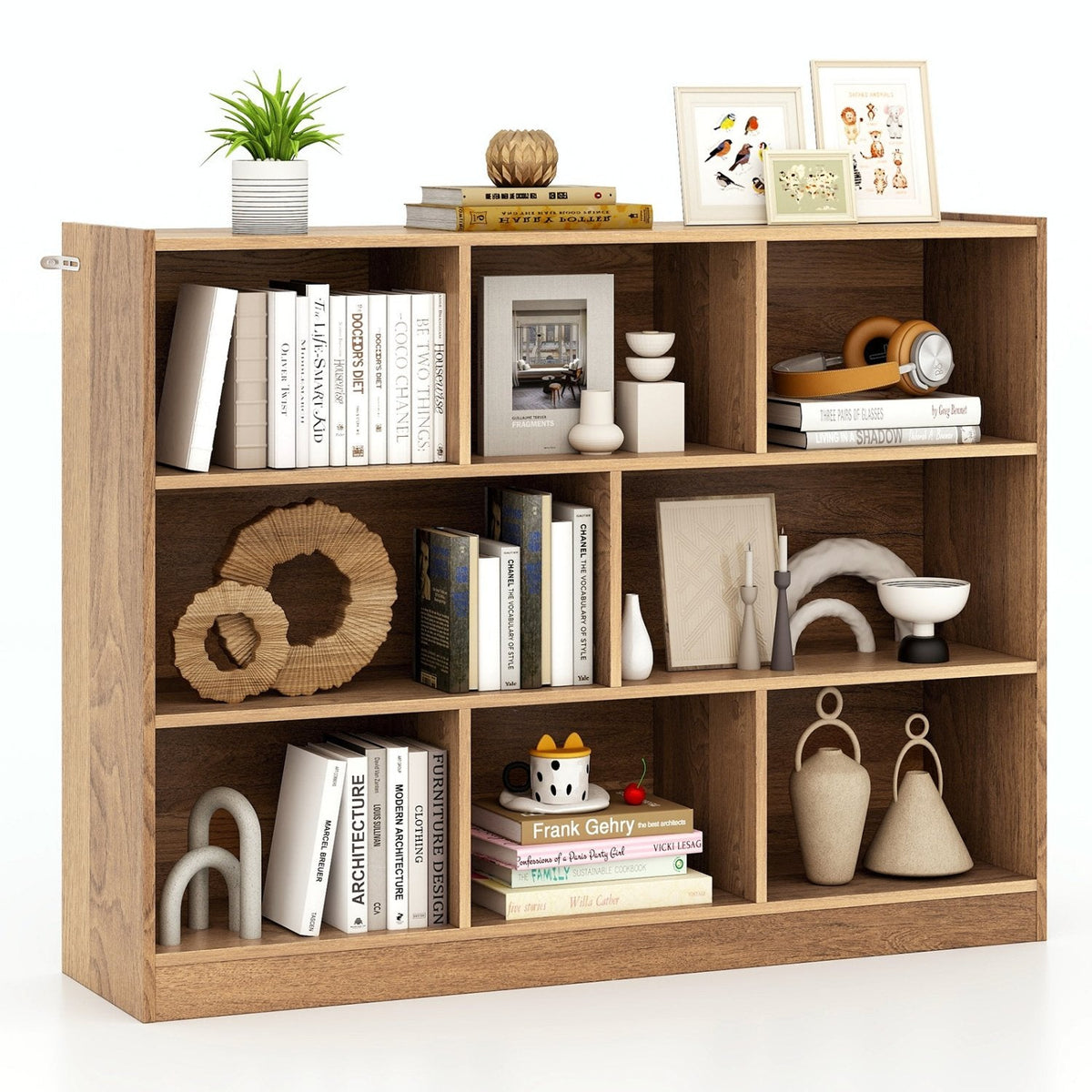 Natural 3 Tier 8 Cube Bookcase, 48 Inch Open Storage Shelves with Anti Tipping Kits