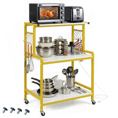 3-Tier Rolling Microwave Cart with Power Outlet and Lockable Wheels and 10 Hooks-White