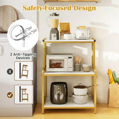 3-Tier Rolling Microwave Cart with Power Outlet and Lockable Wheels and 10 Hooks-White