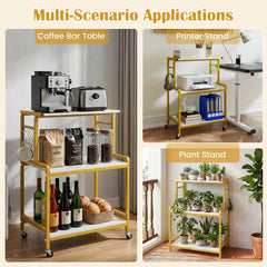 3-Tier Rolling Microwave Cart with Power Outlet and Lockable Wheels and 10 Hooks-White
