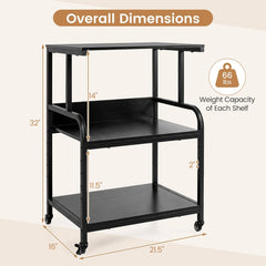 3-Tier Rolling Printer Stand with Adjustable Shelf and Lockable Wheels-Black