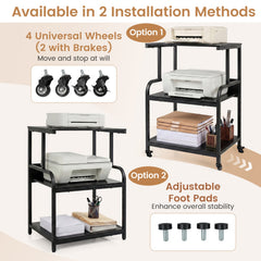 3-Tier Rolling Printer Stand with Adjustable Shelf and Lockable Wheels-Black