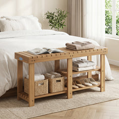 3-Tier Solid Wood Shoe Rack Bench with Slatted Shelves-L
