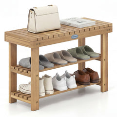 3-Tier Solid Wood Shoe Rack Bench with Slatted Shelves-M