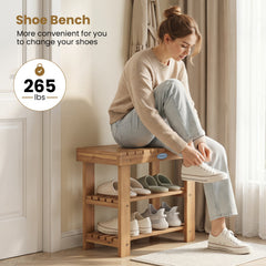 3-Tier Solid Wood Shoe Rack Bench with Slatted Shelves-S