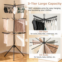 3-Tier Tripod Freestanding Folding Clothes Drying Rack with 24 Clips-Black
