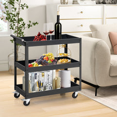 3-Tier Utility Cart Rolling Metal Cart with Handle and Universal Wheels-Black