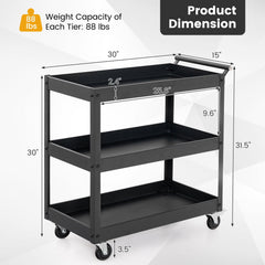 3-Tier Utility Cart Rolling Metal Cart with Handle and Universal Wheels-Black