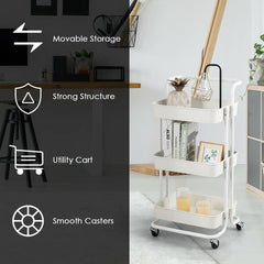 3-Tier Utility Cart Storage Rolling Cart with Casters-White