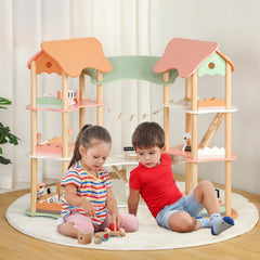 3-Tier Wooden Dollhouse for Kids Aged 3-8 Years Old with 32 Pieces of Accessories-Multicolor