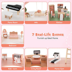 3-Tier Wooden Dollhouse for Kids Aged 3-8 Years Old with 32 Pieces of Accessories-Multicolor