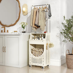 3-Tiers Laundry Cart Folding Hamper with Hanging Bar and 8 Hanging Hooks