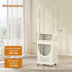 3-Tiers Laundry Cart Folding Hamper with Hanging Bar and 8 Hanging Hooks