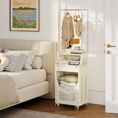 3-Tiers Laundry Cart Folding Hamper with Hanging Bar and 8 Hanging Hooks