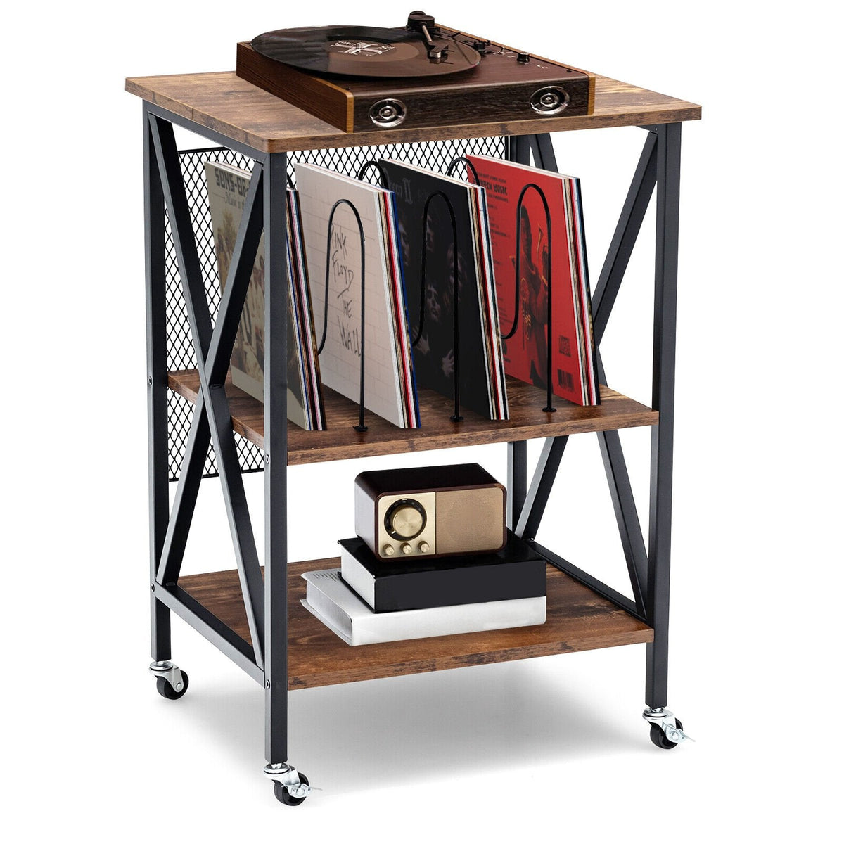 Rolling 3 Tier Record Player Stand and End Table with Album Dividers