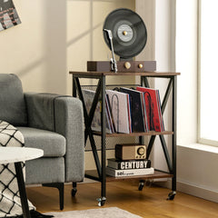 Rolling 3 Tier Record Player Stand and End Table with Album Dividers