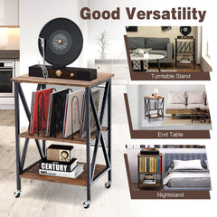 Rolling 3 Tier Record Player Stand and End Table with Album Dividers