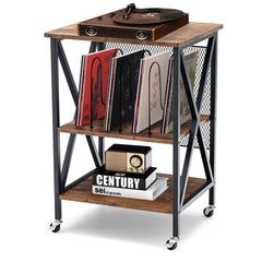 Rolling 3 Tier Record Player Stand and End Table with Album Dividers