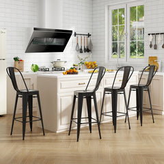 Set of 4 Stackable Metal Bar Stools in Black with Removable Backs, 30 Inch Seat
