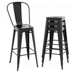 Set of 4 Stackable Metal Bar Stools in Black with Removable Backs, 30 Inch Seat
