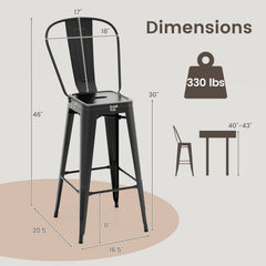 Set of 4 Stackable Metal Bar Stools in Black with Removable Backs, 30 Inch Seat