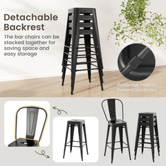 Set of 4 Stackable Metal Bar Stools in Black with Removable Backs, 30 Inch Seat