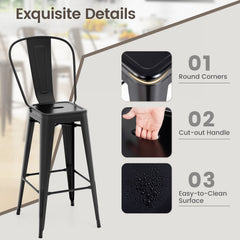 Set of 4 Stackable Metal Bar Stools in Black with Removable Backs, 30 Inch Seat